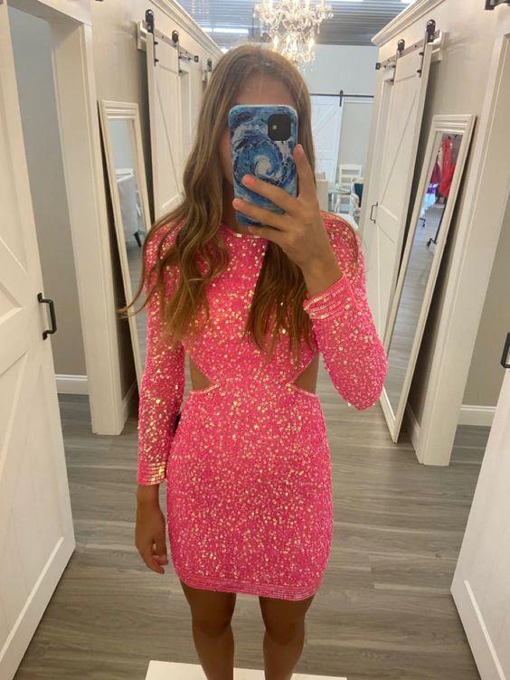 Shiny Pink Sequins Short Homecoming Dress Cute Party Dress (ZD12577)