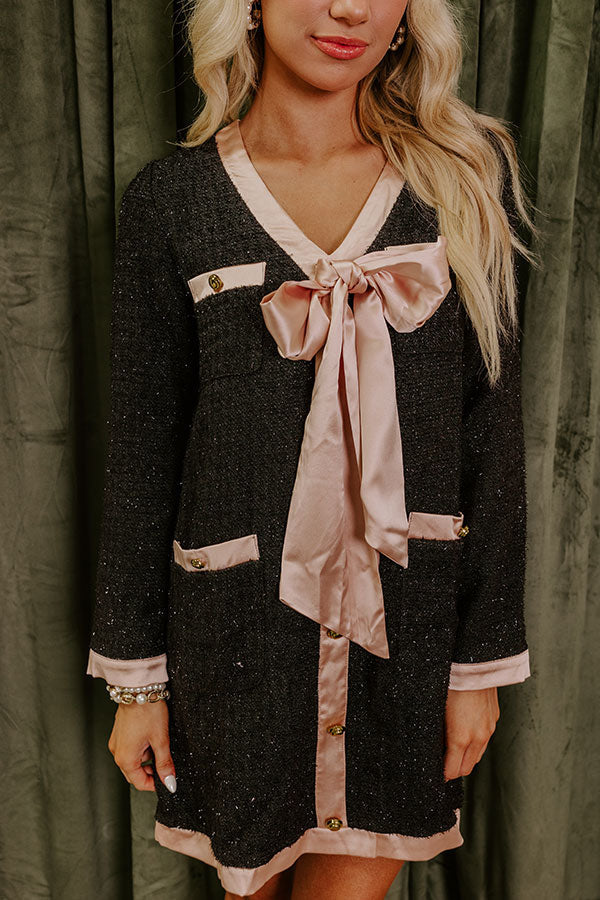 Myrna Premium Looking Fabulous Tweed Satin Bow Patchwork Pocket Mini Dress H Line Chic Silhouette Collection
