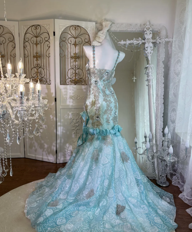 Blue Mermaid Lace Prom Party Dress Evening Dress Birthday Dress