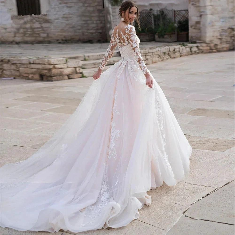 Sexy Deep V-neck Vestidos De Novia Appliques Vestido De Noiva Long Sleeves Wedding Dresses Lace Robe De Mariée (ZD14040)