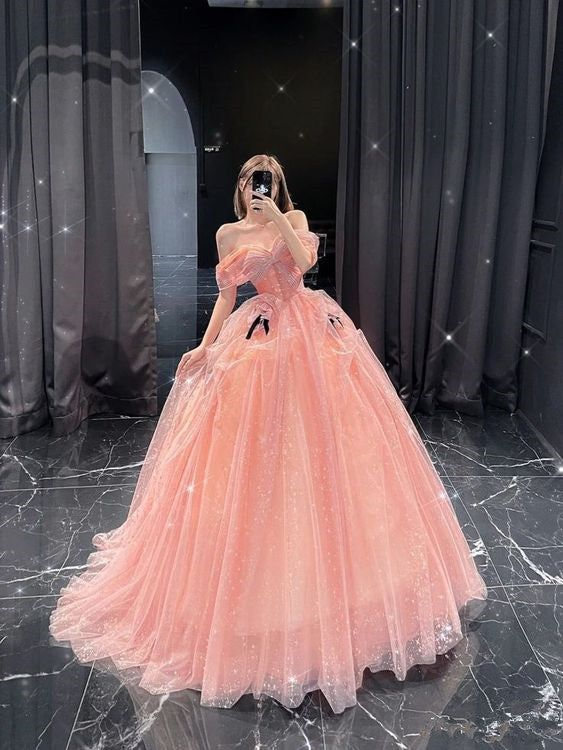 Charming Of The Shoulder Ball Gown A Line Pink Tulle Prom Dress - VelvetHem