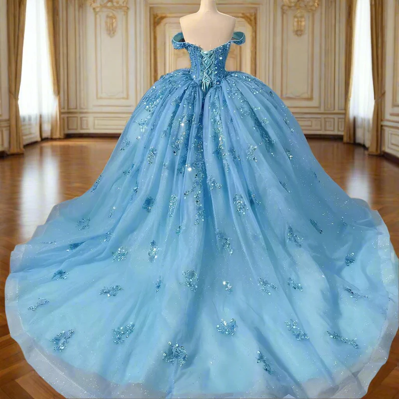 Sparkly Blue Sequins Beaded Ball Gown Luxury Off The Shoulder Sweet 16 Dress Birthday Dress - View 4 | VelvetHem