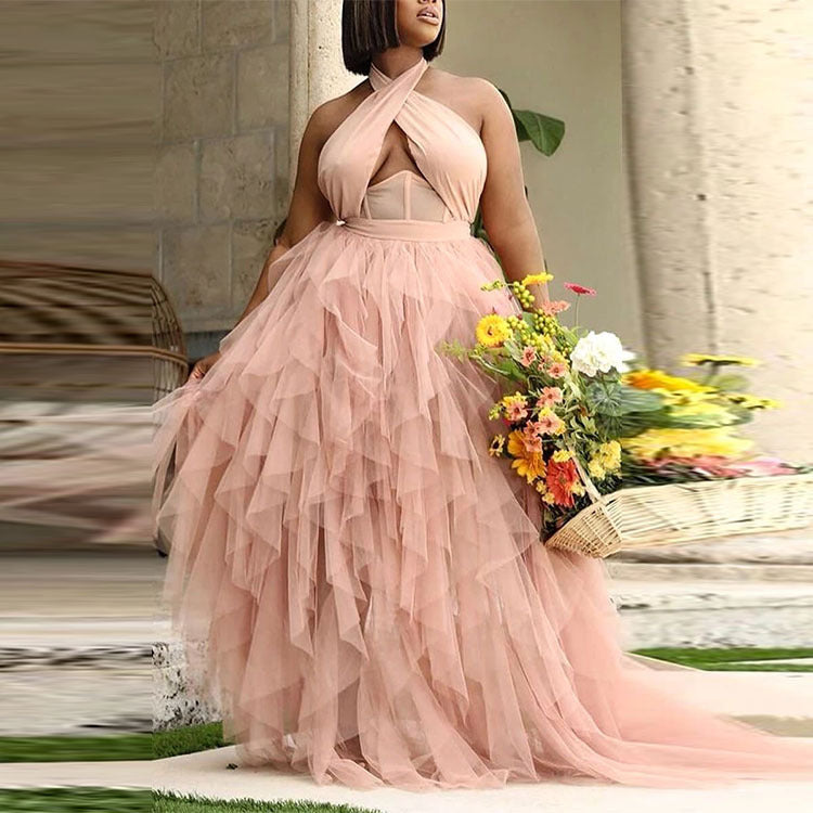 Plus Size Wedding Women Dress Evening Dress Pink Halter Dress Large Swing Tulle Dress