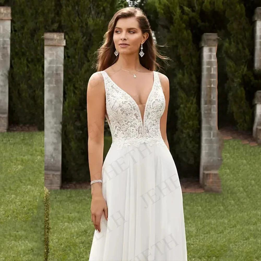 Wedding Dresses Vintage A Line Boho Lace V Neck Split Sleeveless Bridal Gown Vestidos De Novia Backless Appliques Women (ZD13403)