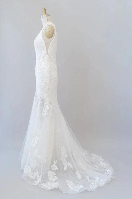 Deep V-neck Appliques Tulle Mermaid Elegant Wedding Dresses (ZD14735)