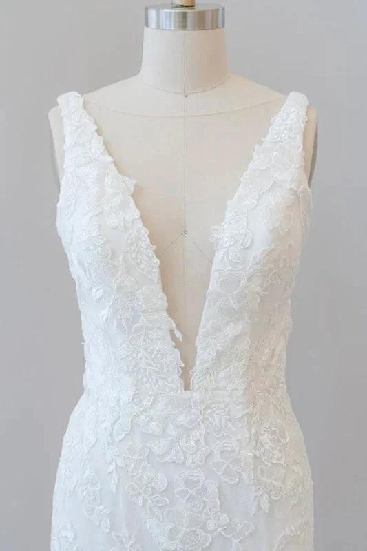 Deep V-neck Appliques Tulle Mermaid Elegant Wedding Dresses (ZD14735)