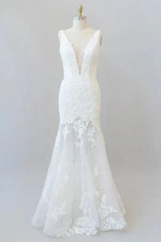 Deep V-neck Appliques Tulle Mermaid Elegant Wedding Dresses (ZD14735)