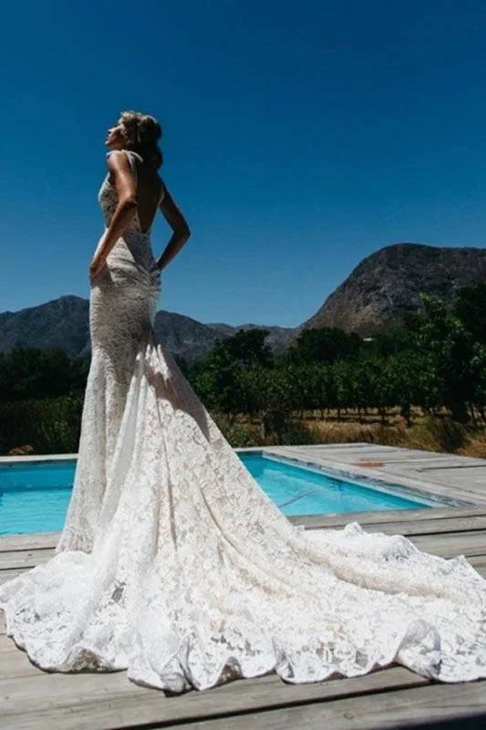 Deep V-Neck Beach Sleeveless Lace Mermaid Elegant Wedding Dresses (ZD14754)