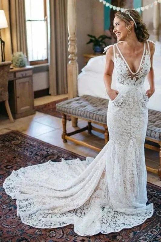 Deep V-Neck Beach Sleeveless Lace Mermaid Elegant Wedding Dresses (ZD14754) - VelvetHem
