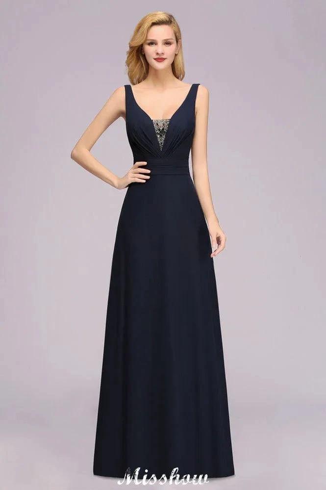 Deep V-Neck Beading A-line Bridesmaid Dress Floor Length Maid of Honor Dress by misshow.com