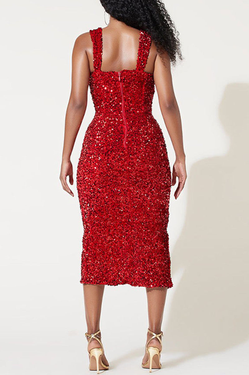 Fashion Sexy Patchwork Sequins Slit Spaghetti Strap Evening Dress Dresses - VelvetHem