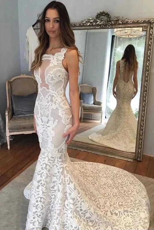 Delicate Illusion Court Train Lace Mermaid Elegant Wedding Dresses (ZD14749) - VelvetHem