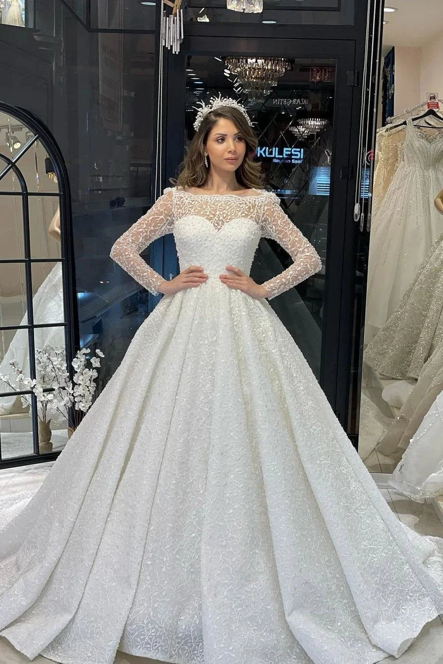 Deluxe Floor Length Long Sleeves A-Line Lace Wedding Dress with Ruffles (ZD14803) - VelvetHem