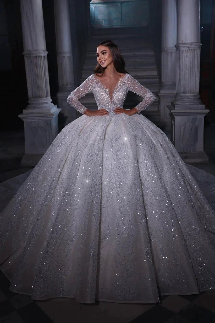 Deluxe Floor Length Sweetheart Long Sleeves A-Line Sequined Wedding Dress with Ruffles (ZD14784) - VelvetHem