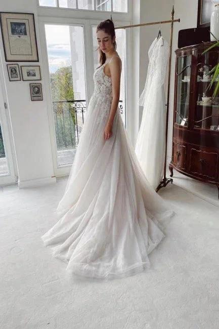 Designer A-line Appliques V-neck Wedding Dresses With Lace (ZD14528) - VelvetHem