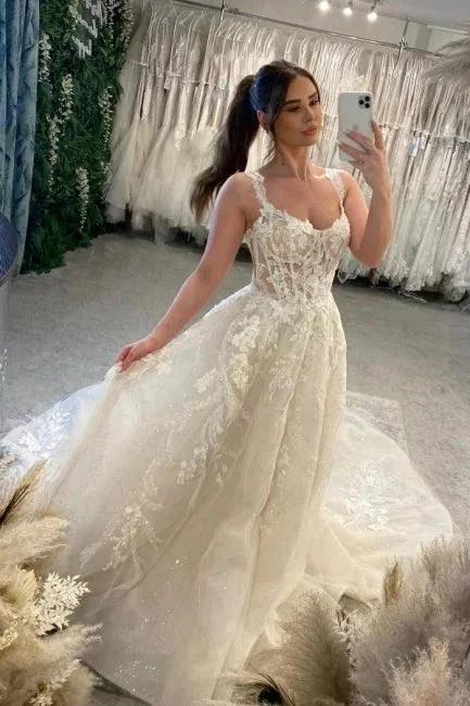 Designer A-Line Lace Sweetheart Sleeveless White Wedding Dress With Train (ZD15500) - VelvetHem