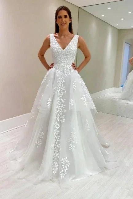 Designer A-Line Lace V-Neck Sleeveless White Wedding Dress With Appliques (ZD16656)