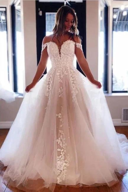 Designer A-Line Off-the-shoulder V-neck Wedding Dresses With Lace (ZD16553) - VelvetHem