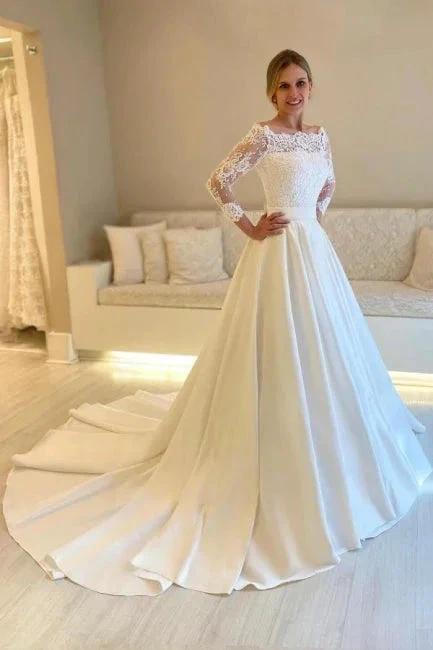 Designer A-Line Satin Lace Long Sleeve White Wedding Dress With Appliques (ZD16635)