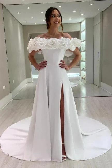 Designer A-Line Satin Off-The-Shoulder Sleeveless White Wedding Dresses With Split (ZD16653) - VelvetHem