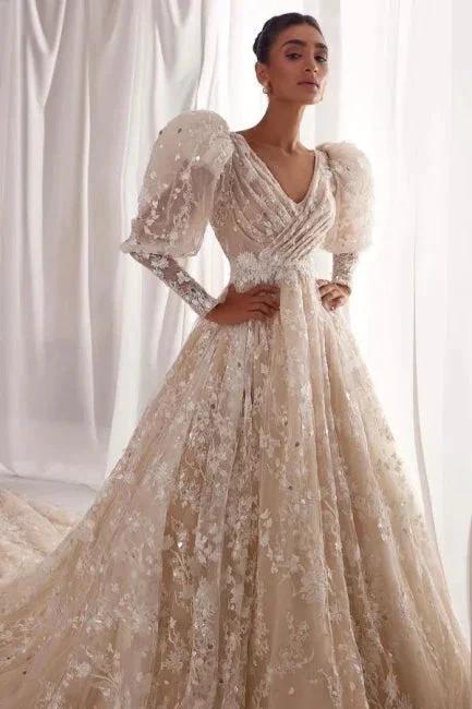 Designer A-Line Tulle Lace V-Neck Long Sleeve Wedding Dress With Appliques Ruffles (ZD16632) - VelvetHem