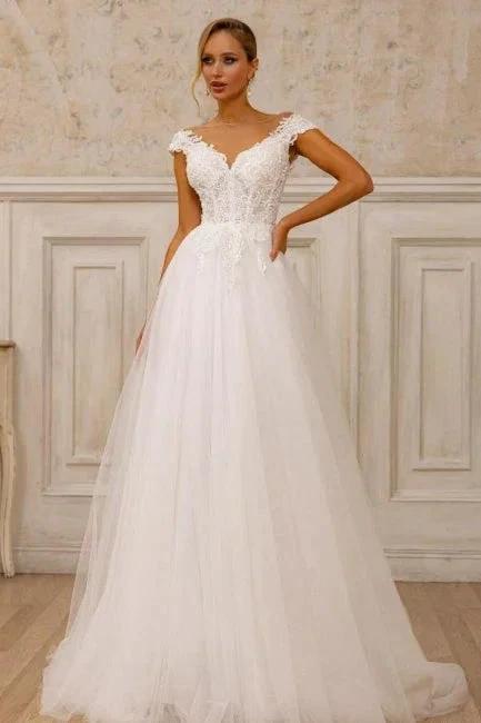 Designer A-Line Tulle Lace V-Neck Sleeveless White Wedding Dress With Appliques (ZD16667) - VelvetHem