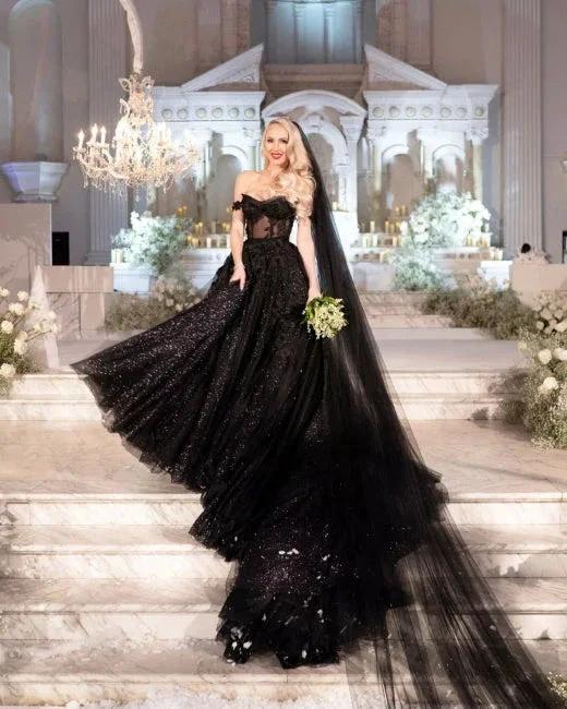 Designer Black A-Line Off-the-shoulder Glitter Wedding Dresses With Lace (ZD16565)