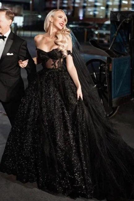 Designer Black A-Line Off-the-shoulder Glitter Wedding Dresses With Lace (ZD16565) - VelvetHem