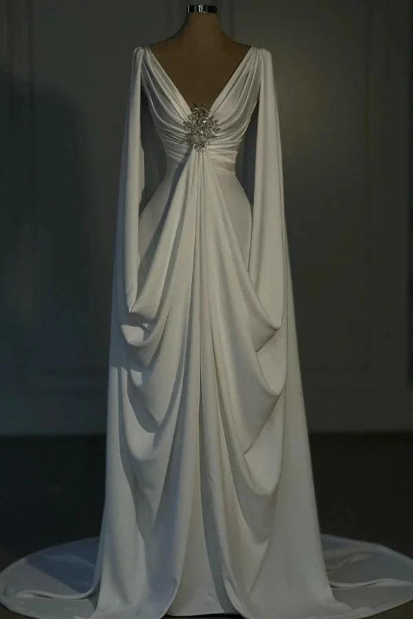 Designer Long Ivory A-line V-neck Satin Wedding Dress with Long Sleeves (ZD15527) - VelvetHem
