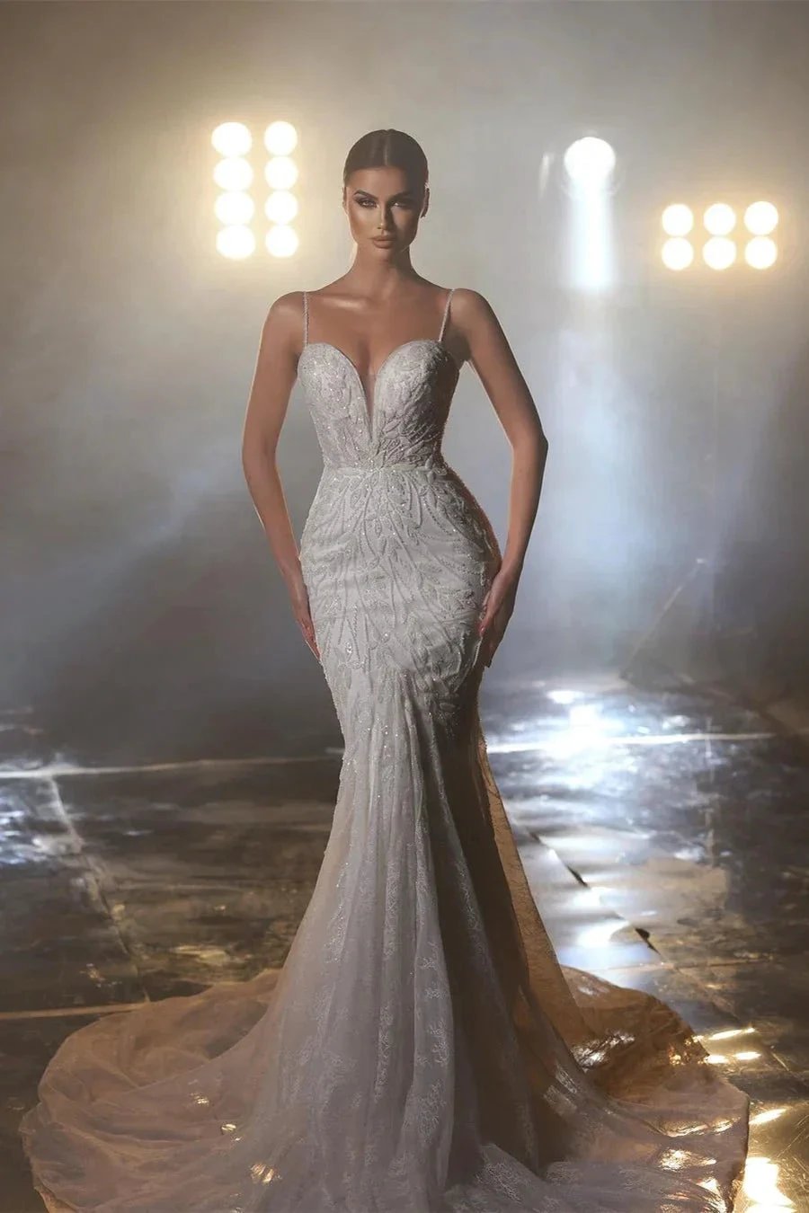 Designer Long Mermaid Spaghetti Straps V-neck Wedding Dress With Lace (ZD14521)