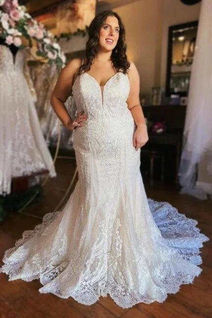 Designer Long Mermaid Spaghetti Straps Zippered Wedding Dresses Lace (ZD15602) - VelvetHem