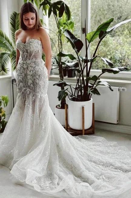 Designer Long Mermaid Strapless Lace Sequined Wedding Dress with Train (ZD15567) - VelvetHem