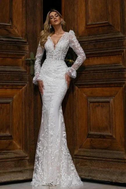 Designer Long Mermaid V-neck Lace Wedding Dresses With Long Sleeves (ZD16444)