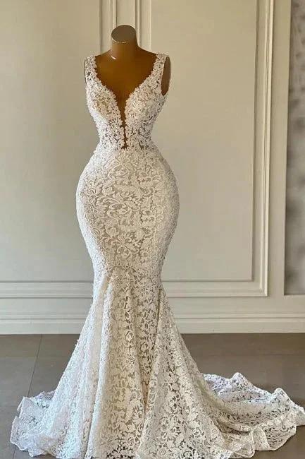 Designer Long Mermaid V-neck Sleeveless Wedding Dresses With Lace (ZD16528) - VelvetHem