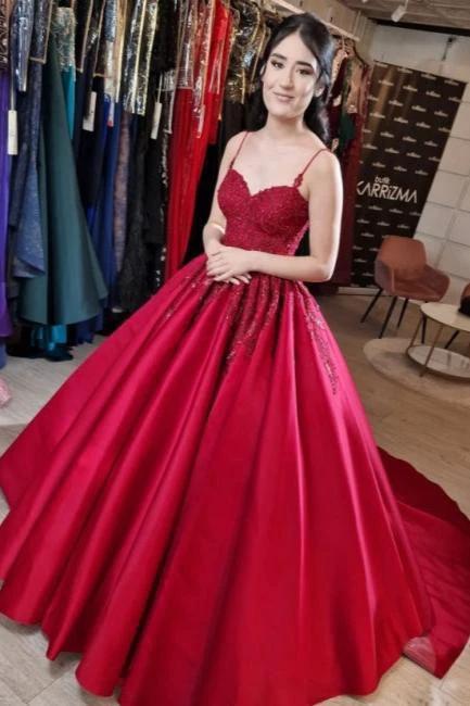 Designer Long Red A-line Spaghetti Straps Lace Princess Wedding Dress (ZD15549) - VelvetHem