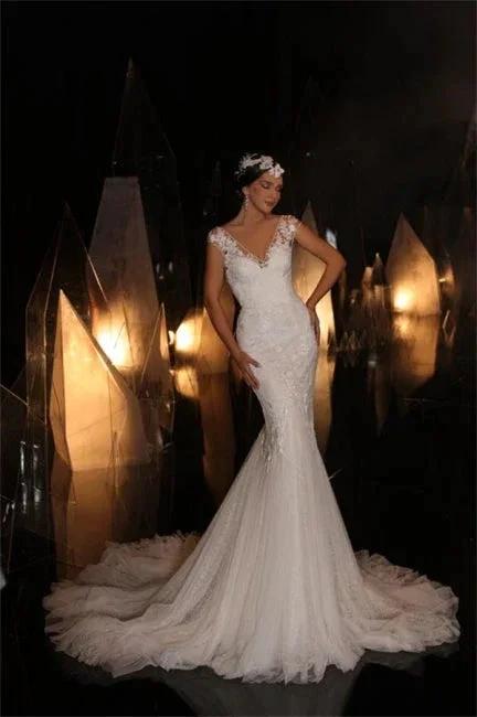 Designer Long V-neck Mermaid Lace Appliques Sleeveless Wedding Dresses (ZD14955)