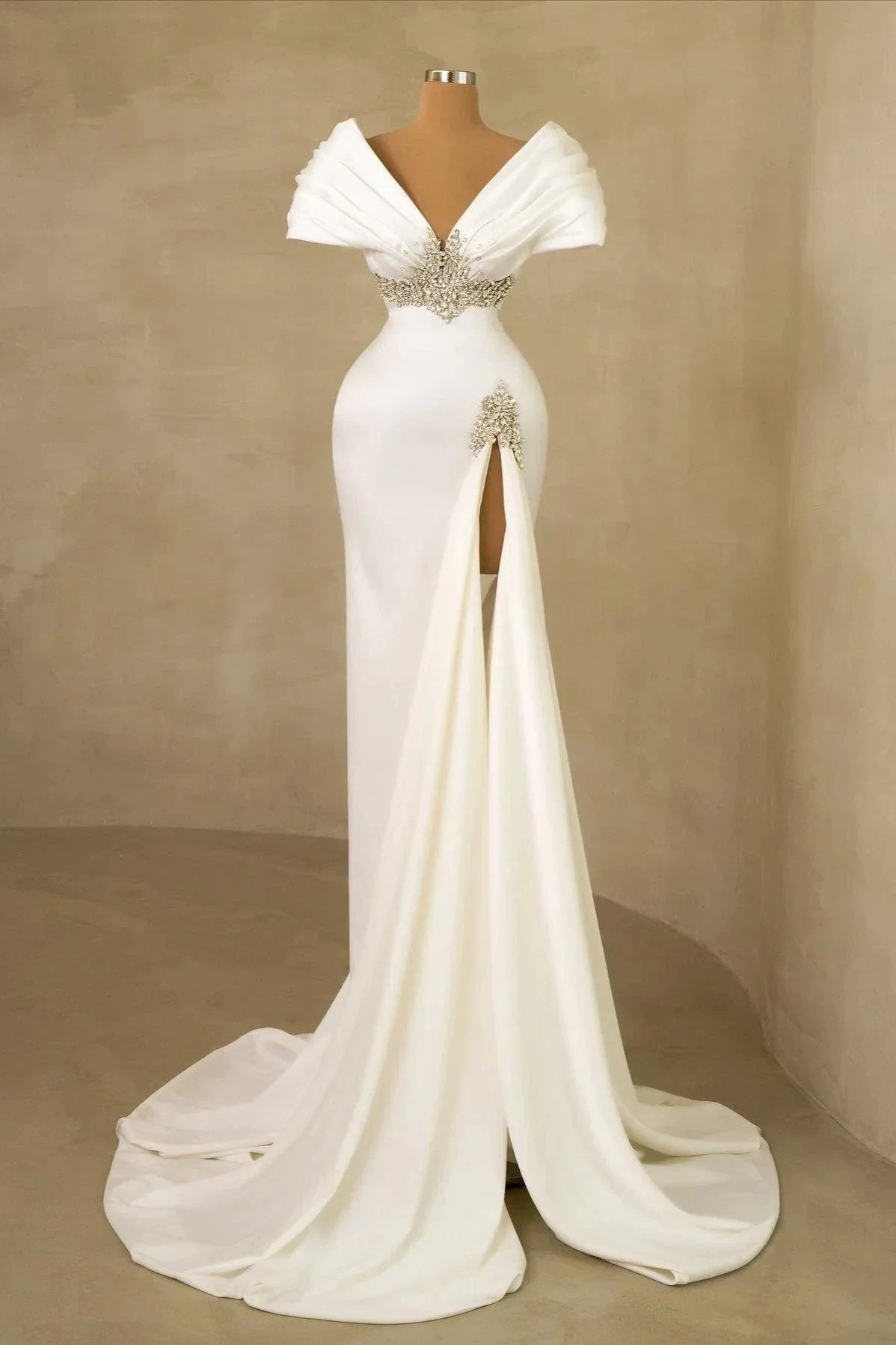 Designer Long White Mermaid Off-the-shoulder Jewels Wedding Dress with Slit (ZD15518)