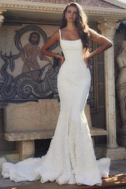 Designer Long White Mermaid Spaghetti Straps Satin Wedding Dress (ZD16645)