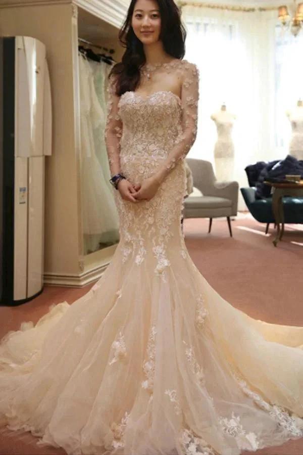 Designer Open Back Sheer Flowers Long Sleeve Mermaid Wedding Dress (ZD15477)