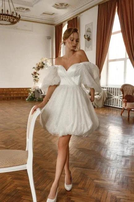 Designer Short White Off-the-shoulder Tulle Glitter Wedding Dress with Sleeves (ZD16671) - VelvetHem