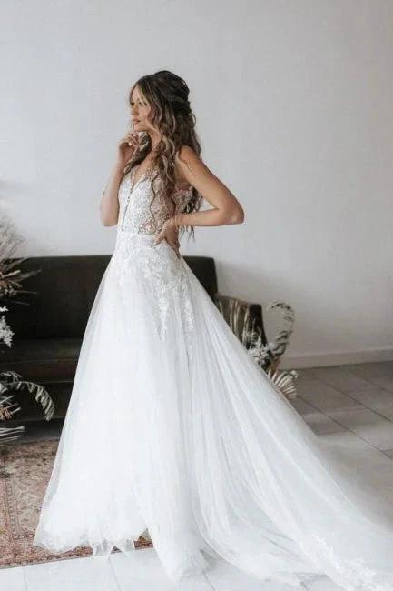 Designer V-neck Boho A-Line Backless Wedding Dresses With Lace (ZD14612) - VelvetHem