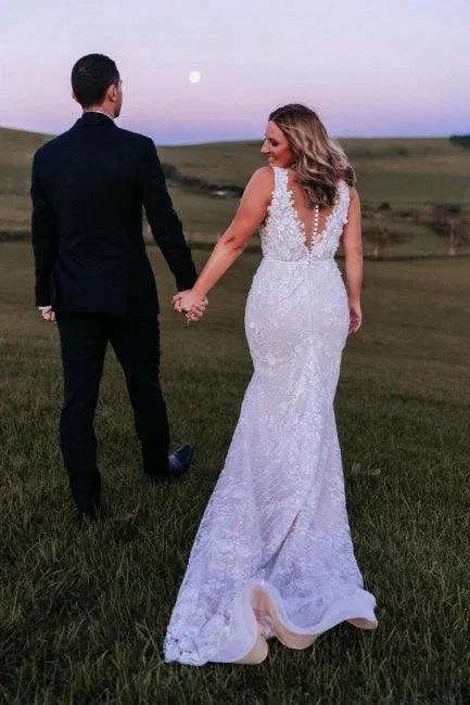 Designer V-Neck Sleeveless Mermaid Wedding Dresses With Lace (ZD14495)