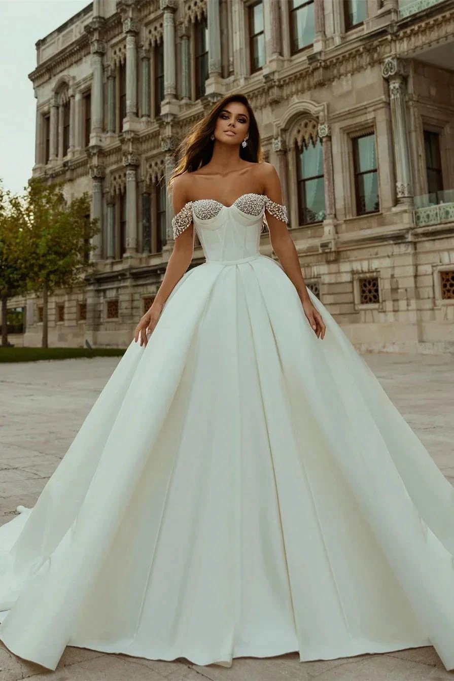Designer White A-line Off-the-shoulder Wedding Dress With Pearls (ZD14645)