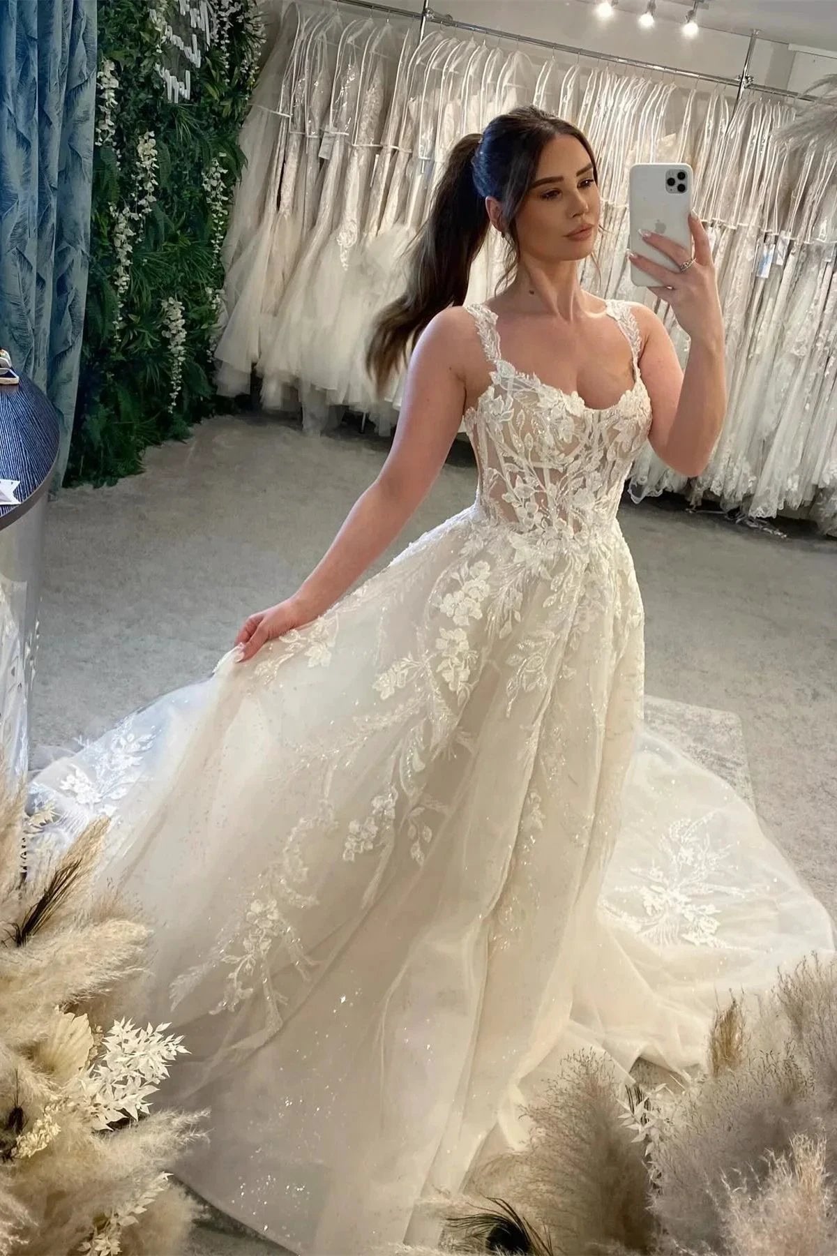 Designer White A-line Spaghetti Straps Sleeveless Tulle Wedding Dresses With Lace (ZD16484) - VelvetHem