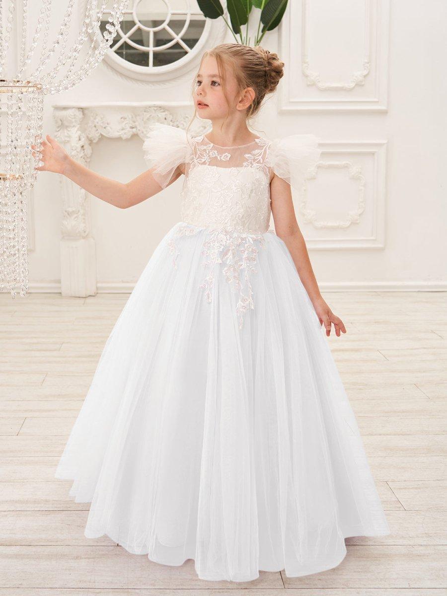 Detachable Lace Tulle Sweep Train Flower Girl Dress
