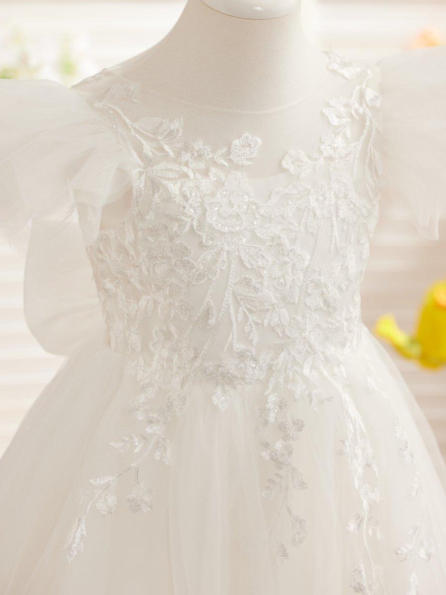 Detachable Lace Tulle Sweep Train Flower Girl Dress