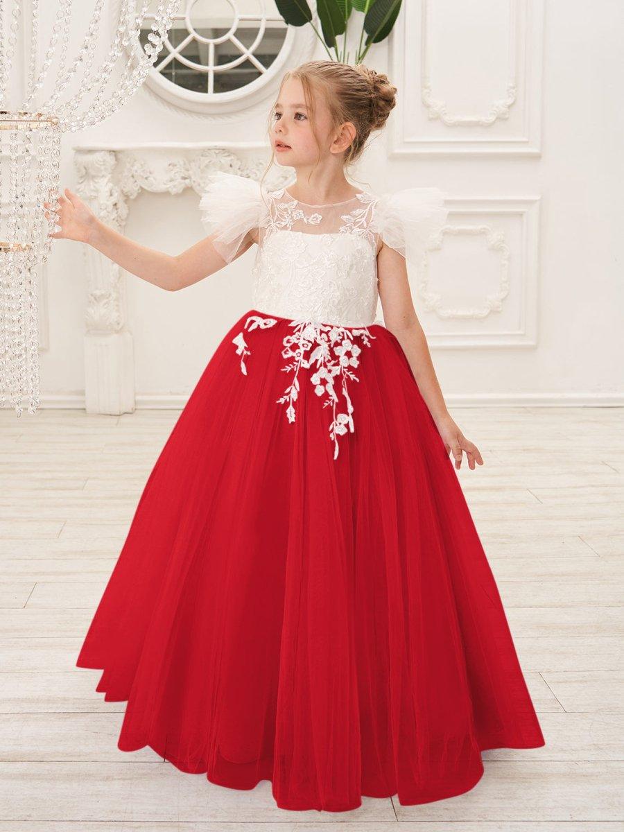 Detachable Lace Tulle Sweep Train Flower Girl Dress