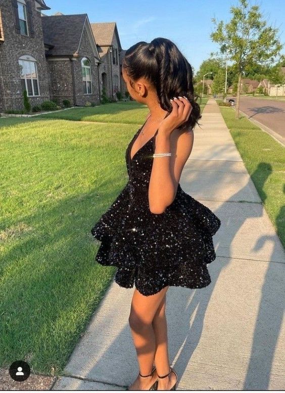 Sexy Black Sparkling Short Cocktail Dresses Back Open Tiered Sequin Graduation Gown Parties Night,Black Homecoming Dress Y1504 by simplepromdress
