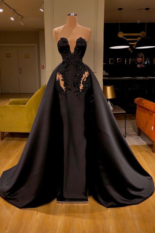 Black Sweetheart Overskirt Long Evening Dress With Appliques - View 2 | VelvetHem