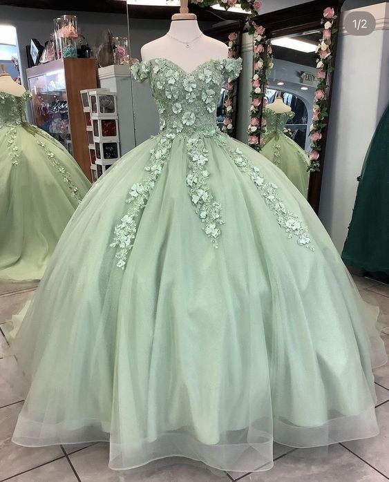 Off The Shoulder Sage Green Ball Gown With Flowers Sweet 16 Dress - View 2 | VelvetHem